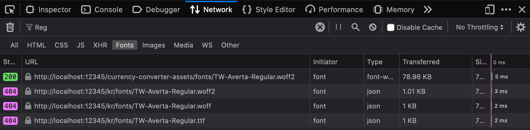 image of network tab showing a 200 response for Averta.woff2, and then a 404 for Averta.woff2, a 404 for Averta.woff, and a 404 for Averta.ttf