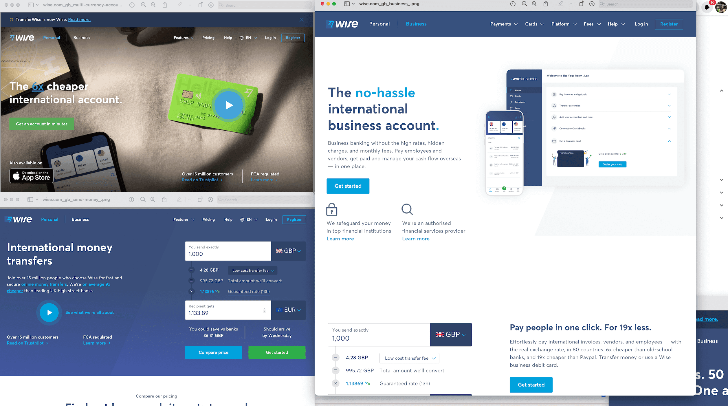 Screenshots of the old Wise website, a measured but well-worn look for a fintech