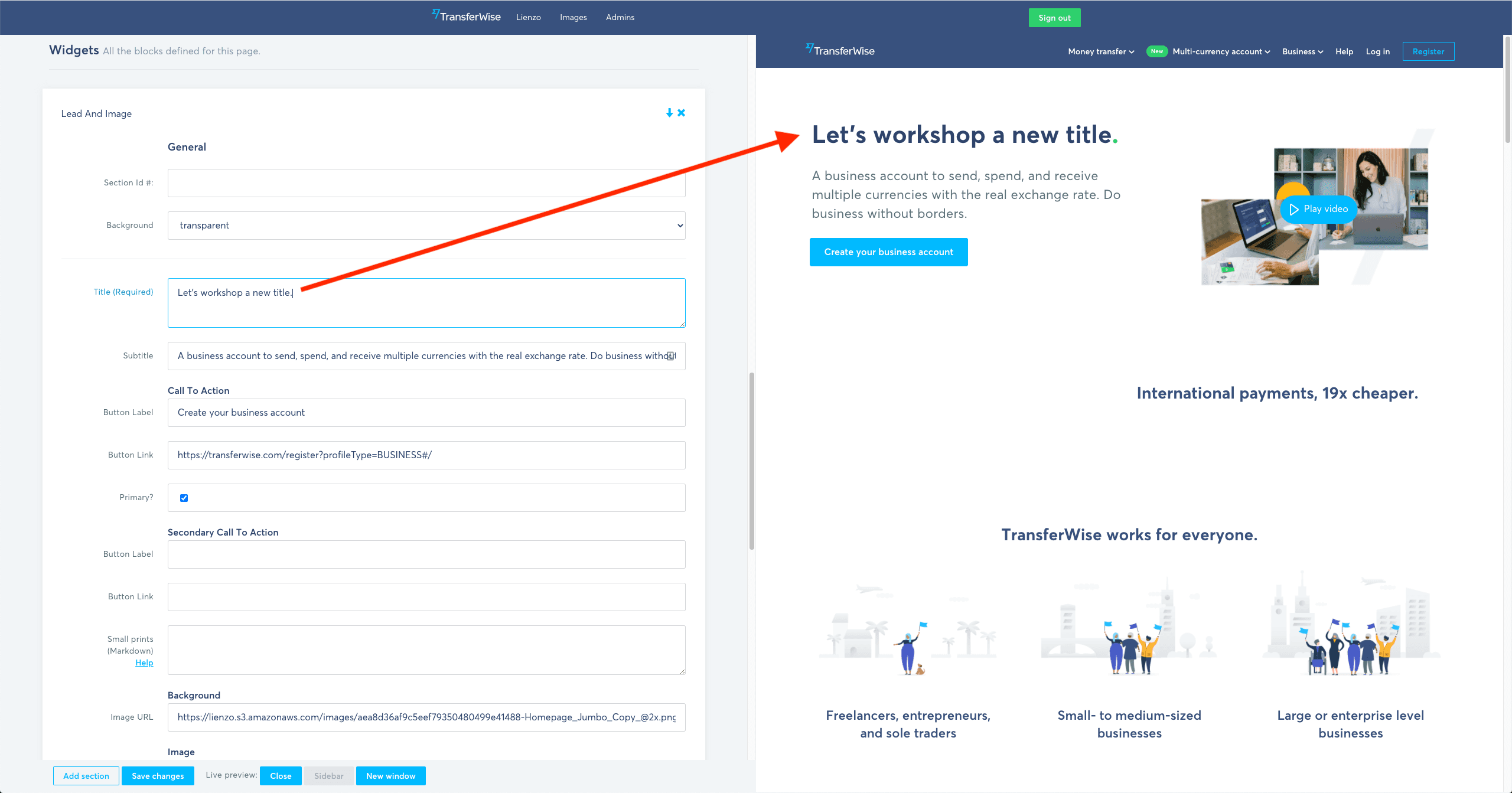 Size-by-side view of the edit screen and what that configuration looks like in the new frontend