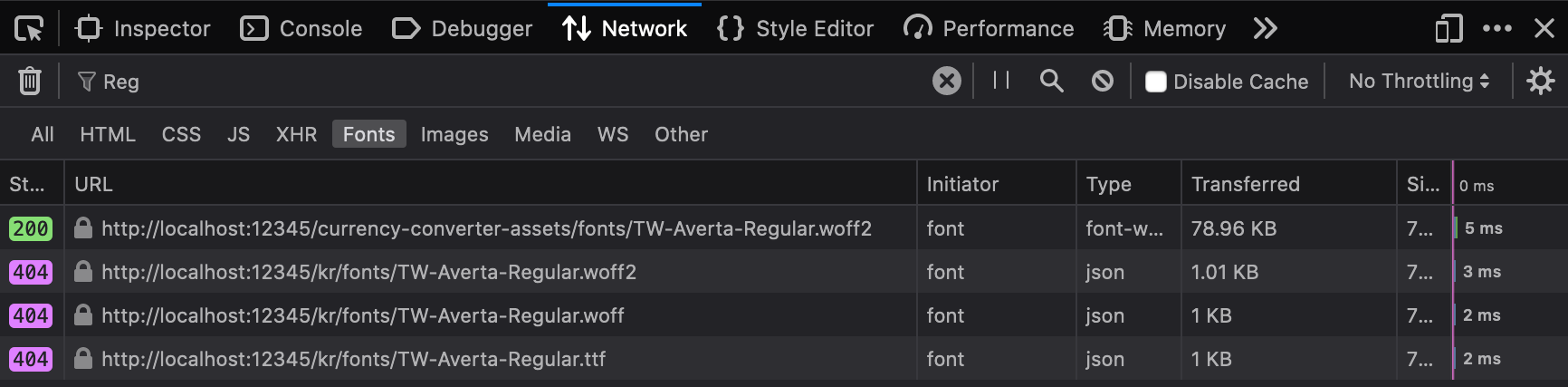 image of network tab showing a 200 response for Averta.woff2, and then a 404 for Averta.woff2, a 404 for Averta.woff, and a 404 for Averta.ttf