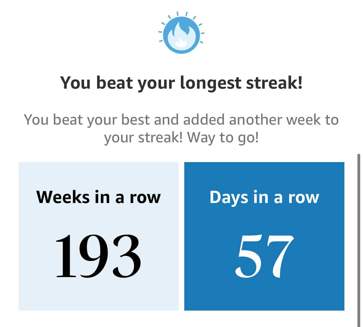 Screenshot of current streak - 193 weeks continuous reading, 57 days continuous reading