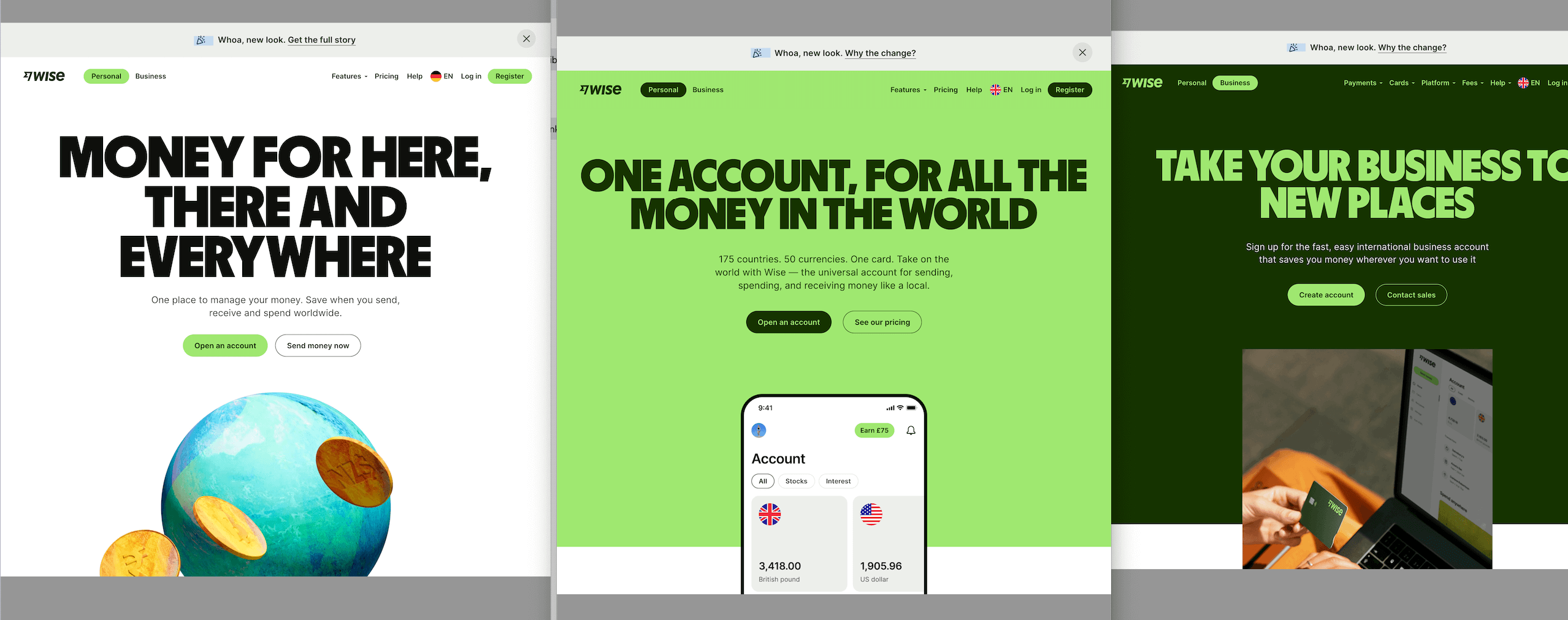 Screenshots of the redesigned Wise website, a bright and bold look