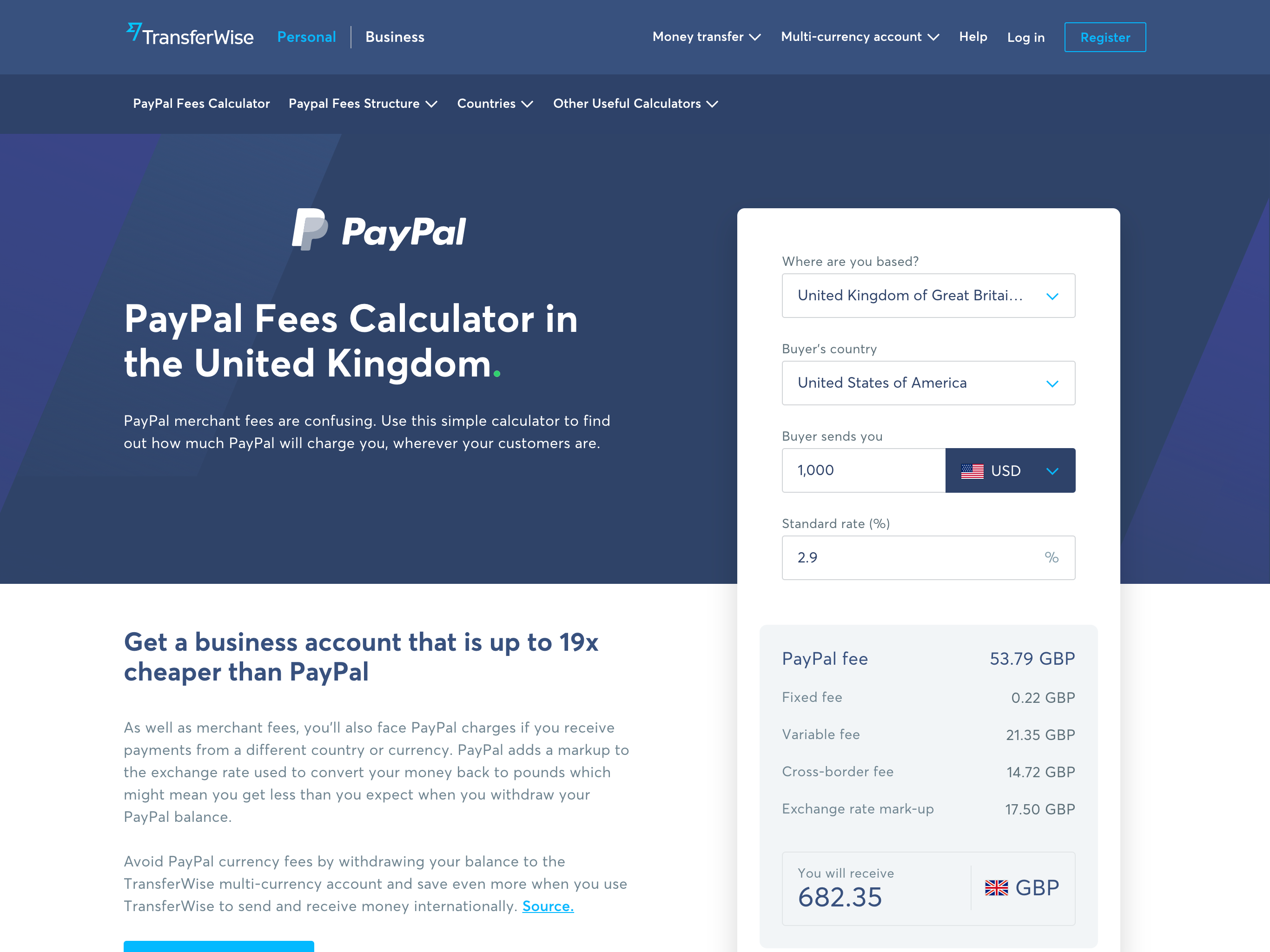 PayPal fee calculator page