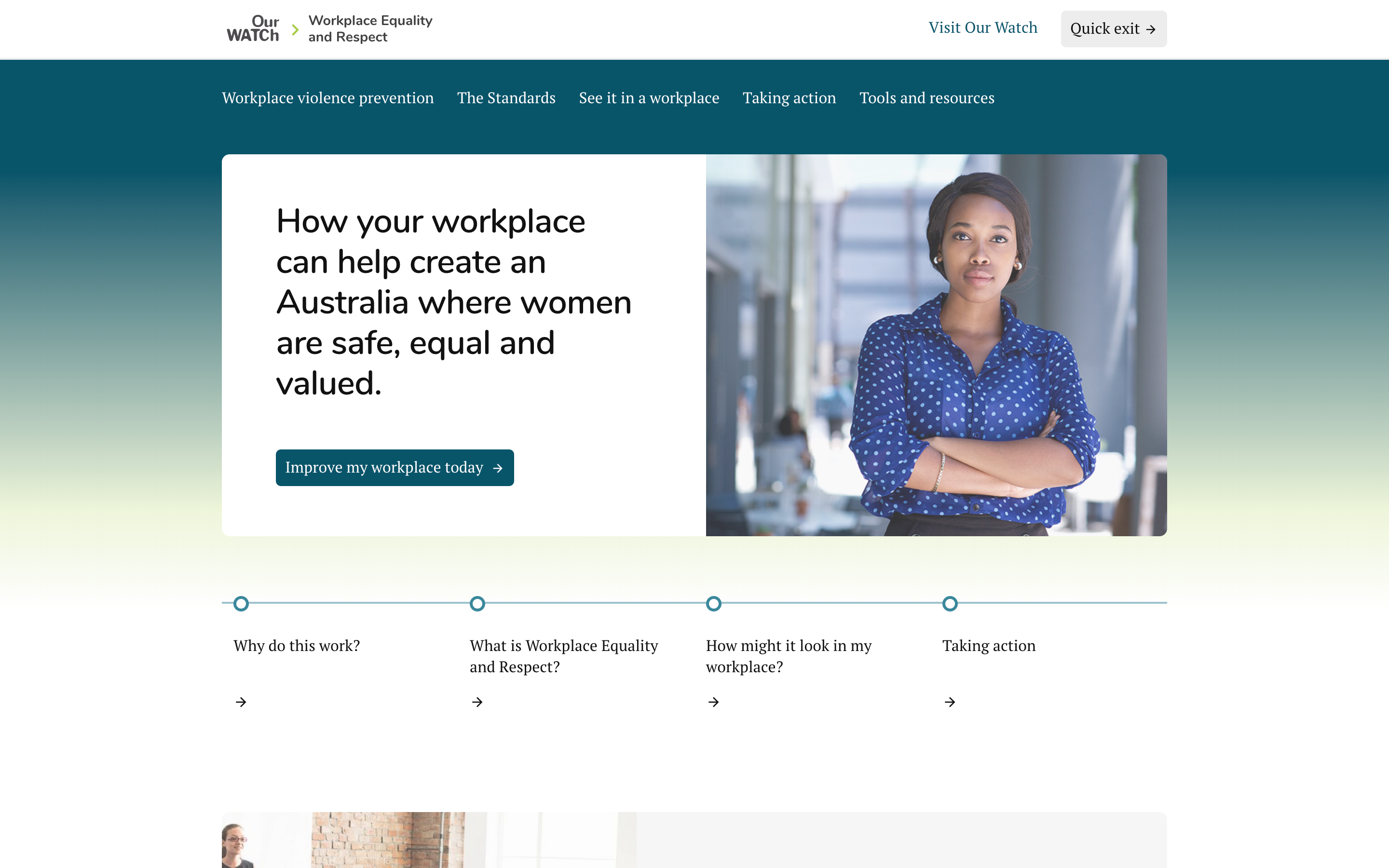 A desktop screenshot of the Our Watch hub for workplace violence against women