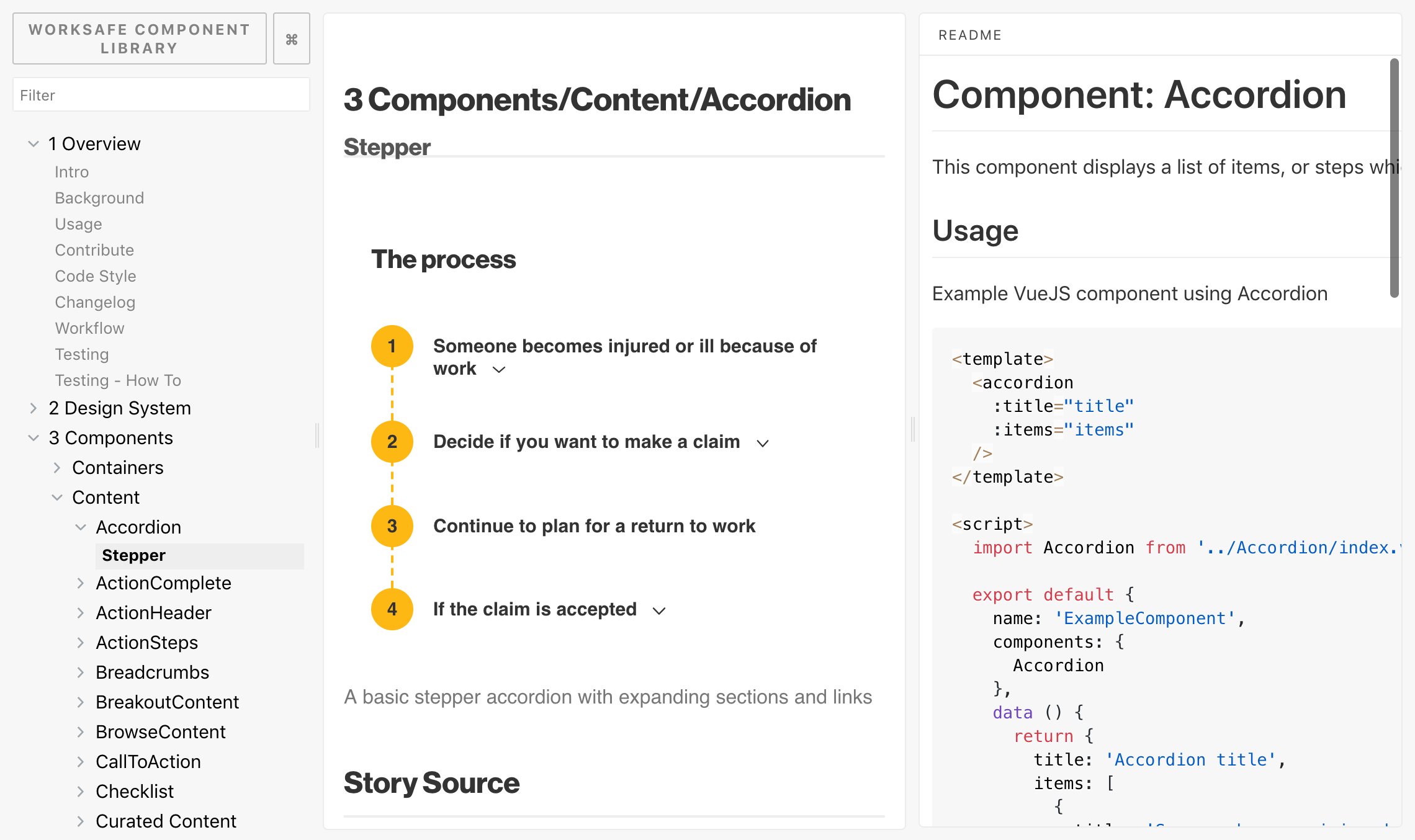 WorkSafe Storybook, showing a list of components, an example render of the Accordion component, and its documentation